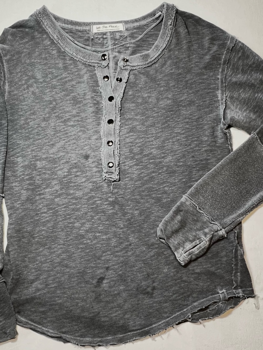 Free People Distressed Gray Henley Pullover with Snaps